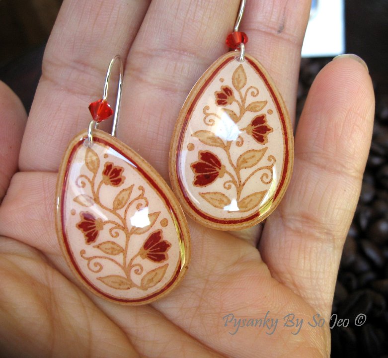 Cream & Red Spring Vines Teardrop Earrings Pysanky Jewelry by So Jeo